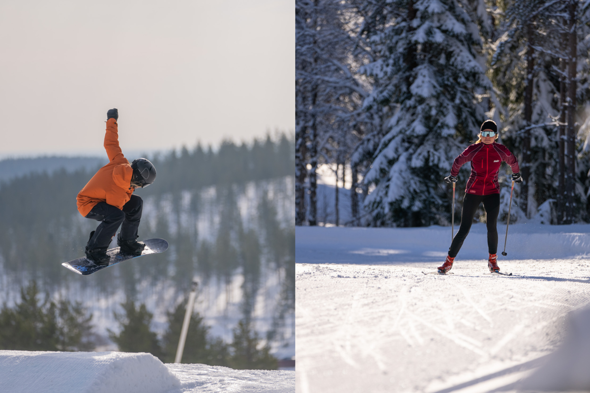 Til venstre laver en snowboarder i orange jakke et hop i snowparken. Til højre går en person langrend i et solrigt, snedækket skovlandskab.