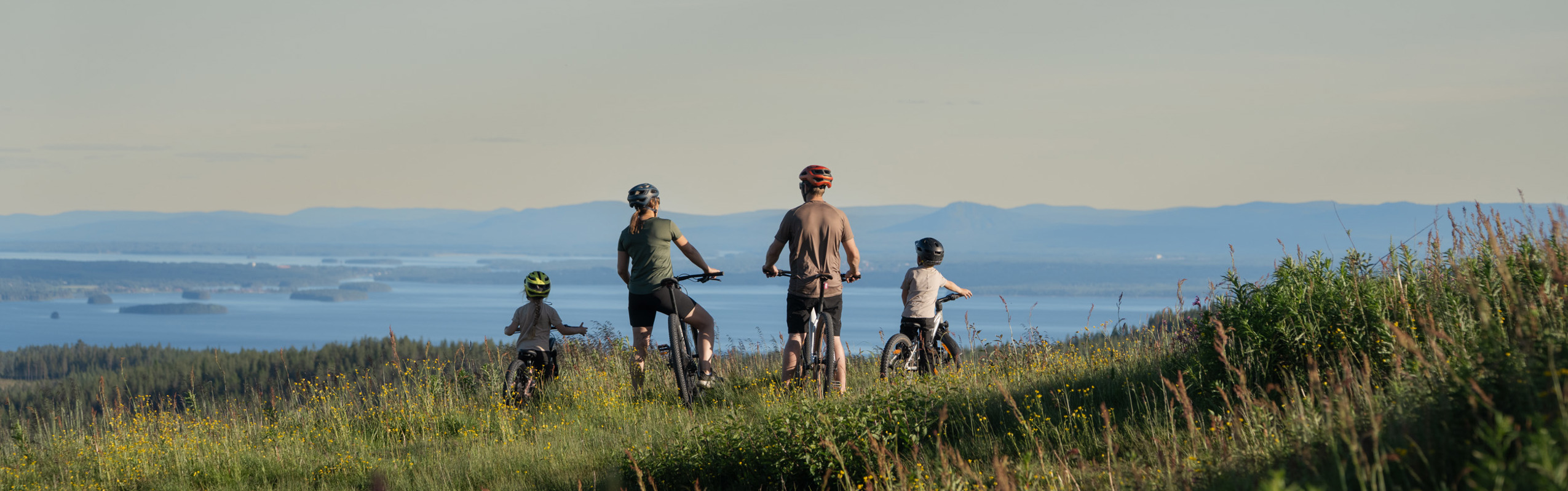 Familj med cyklar på blommande äng med utsikt över sjö