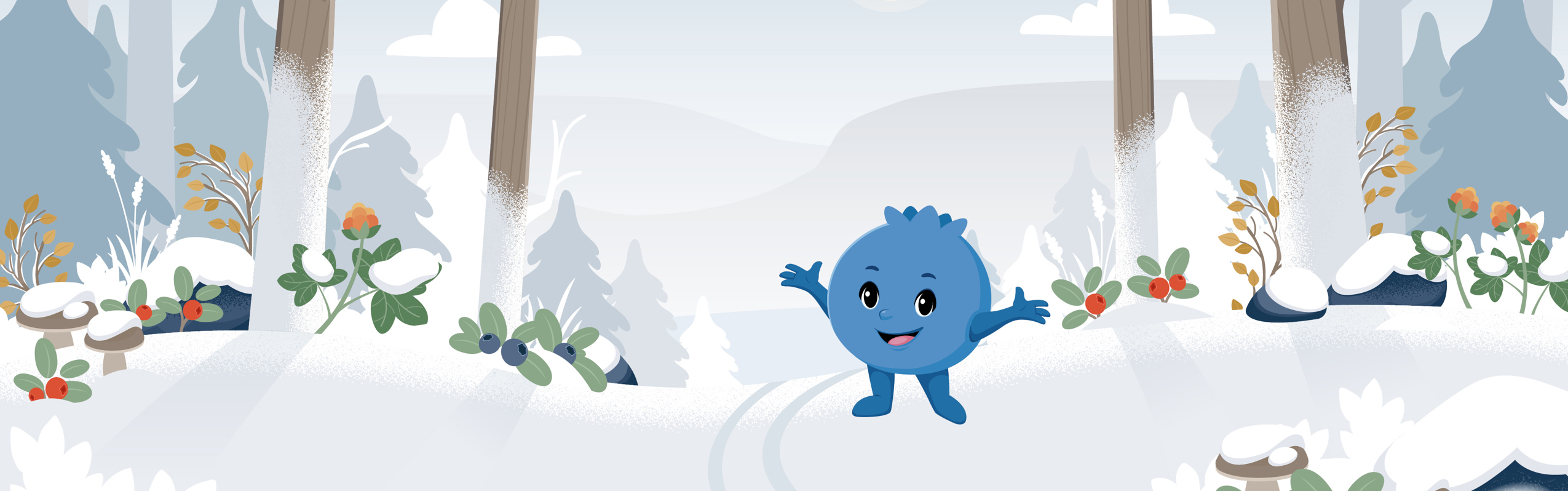 Illustration av Blåbäret Bärra som står glatt i en snötäckt skog med träd, blåbär och lingon runt omkring.