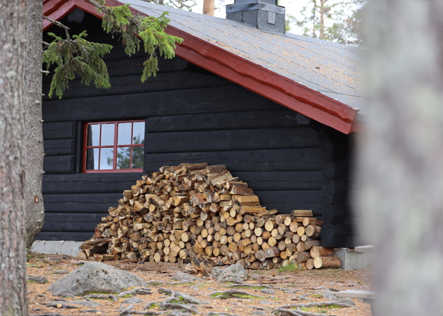 En svart timmerstuga med rött tak och röda fönsterkarmar står i skogen. Framför väggen ligger en stapel med vedträn, och tallar syns i förgrunden.