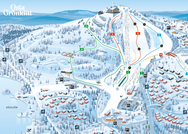 En illustrerad pistkarta över Orsa Grönklitt som visar skidbackar, liftar, stugor och serviceområden i ett snötäckt bergslandskap.