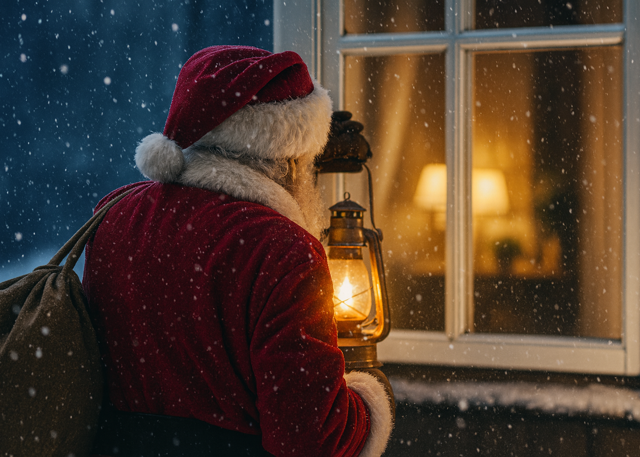 Tomte i röd dräkt står ute i snöfall och håller en tänd lykta, vänd mot ett upplyst fönster. AI.