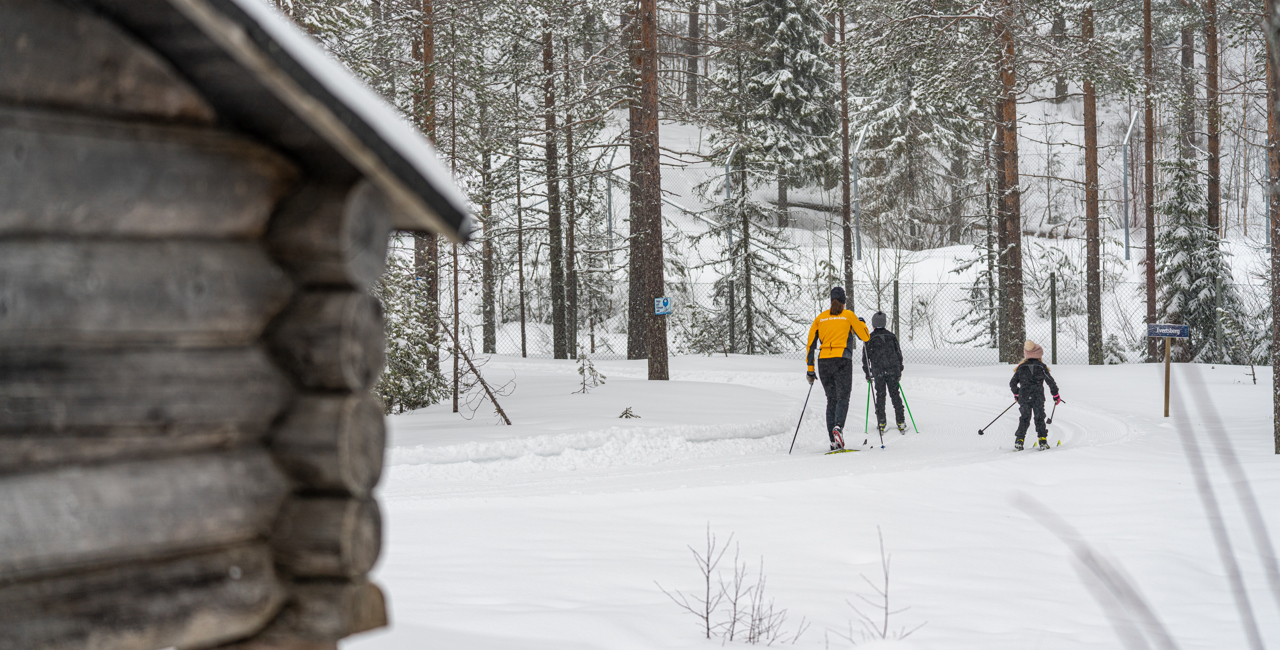 Tre längdskidåkare färdas genom en snöklädd skog nära en liten timmerstuga.