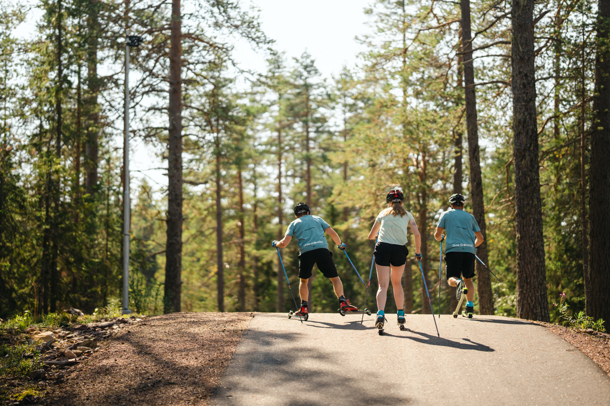 Tre ungdomar åker rullskidor uppför en asfalterad backe genom en somrig tallskog.