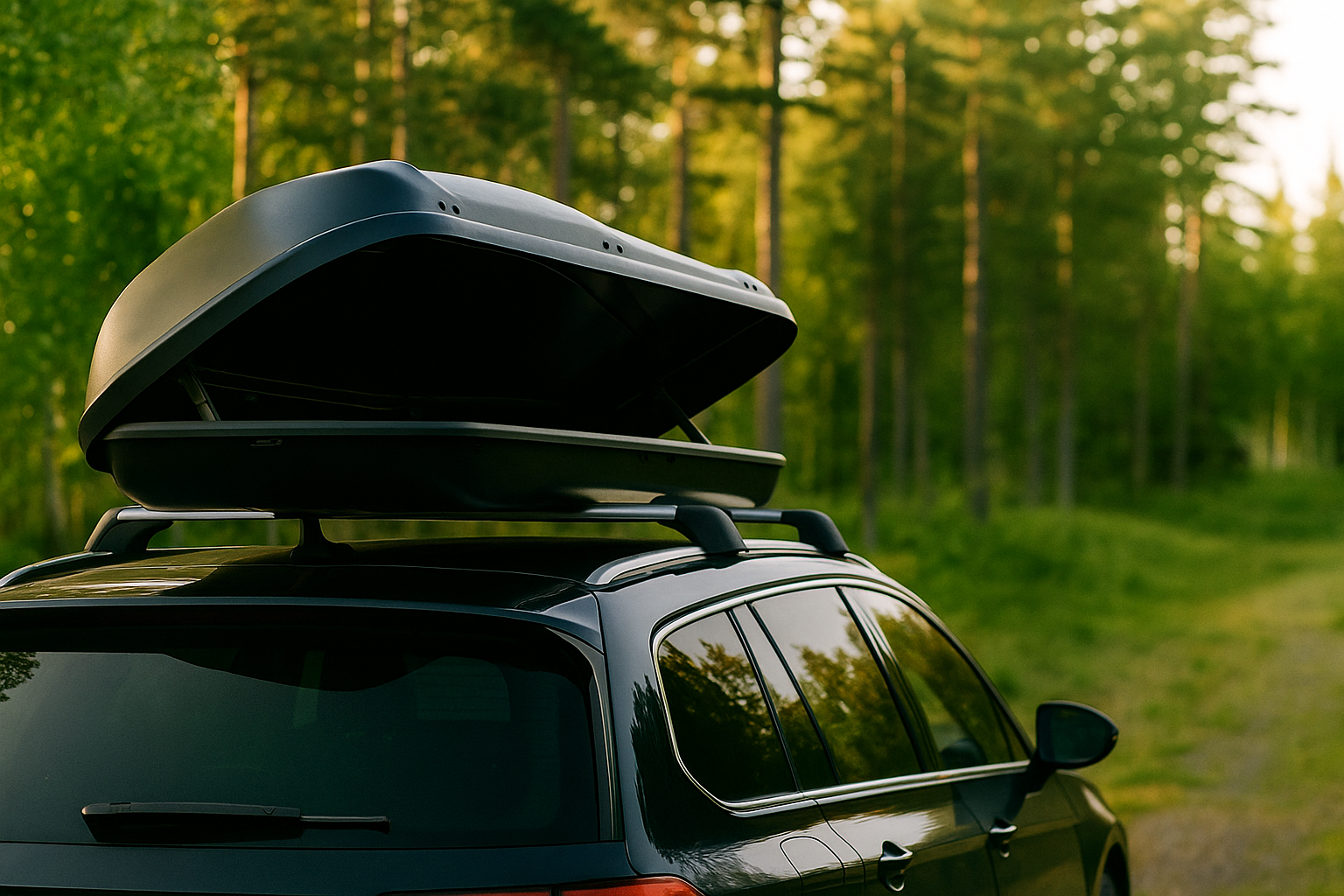 Bil med takbox parkerad vid en grön skogsväg i kvällssol.