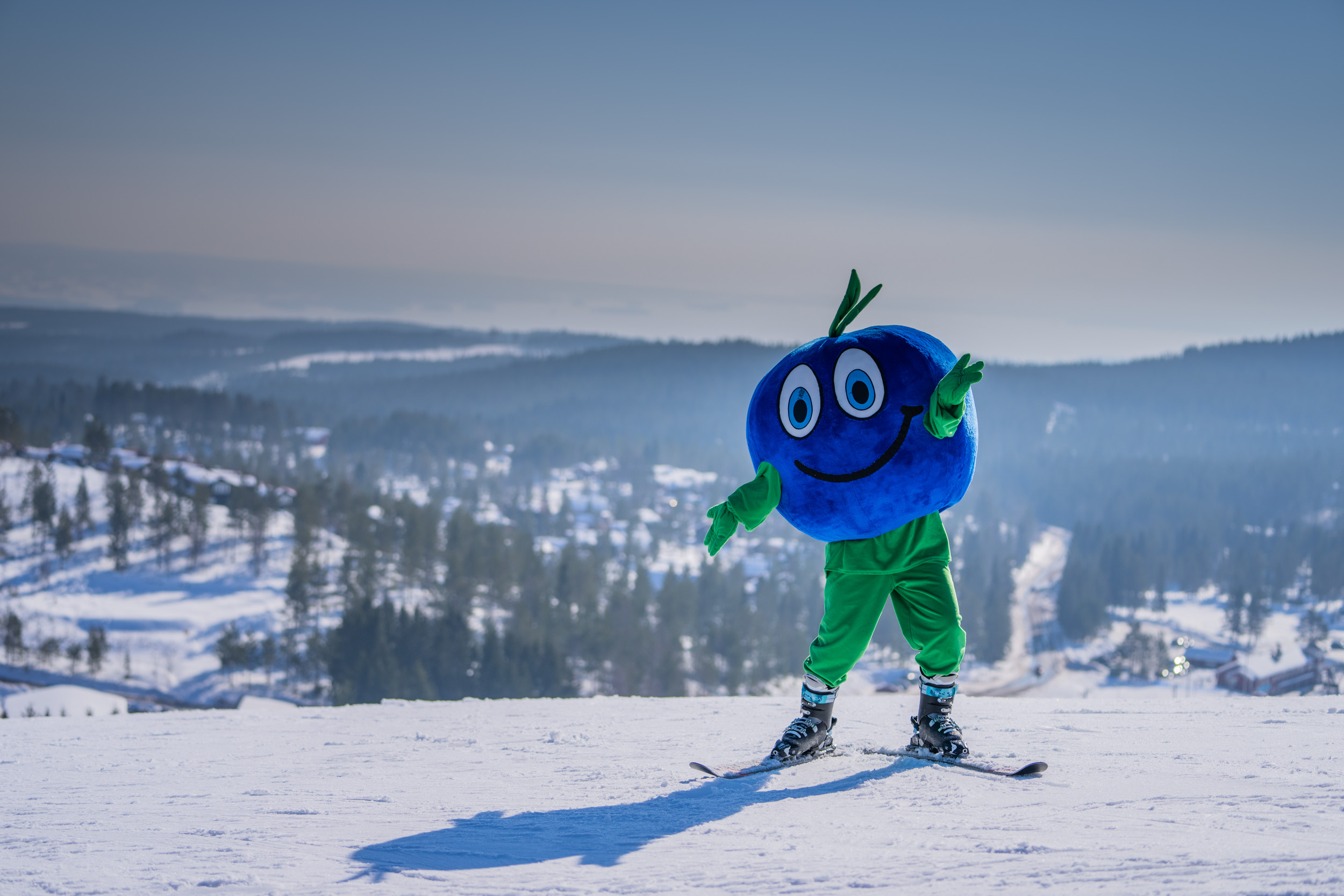 Maskoten Bärra åker skidor på snötäckt sluttning med utsikt över skog och fjärran landskap