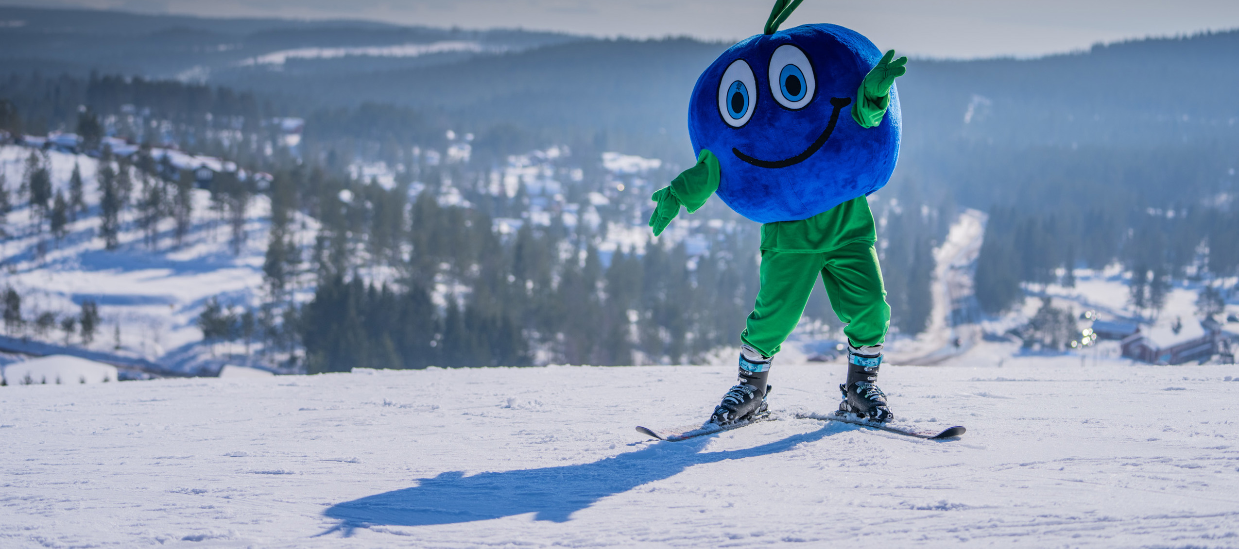 Maskoten Bärra åker skidor på snötäckt sluttning med utsikt över skog och fjärran landskap
