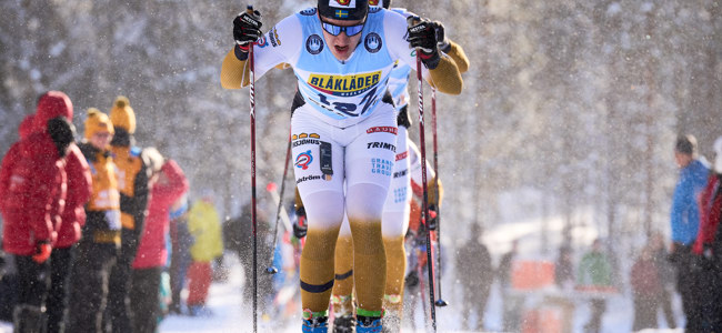 Längdskidåkare i tävlingsdräkt stakar sig fram i ett spår, med flera åkare bakom och publik längs sidorna i vintrigt landskap.