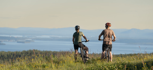 Två cyklister står med sina mountainbikes och blickar ut över ett somrigt landskap med sjöar och berg i fjärran.