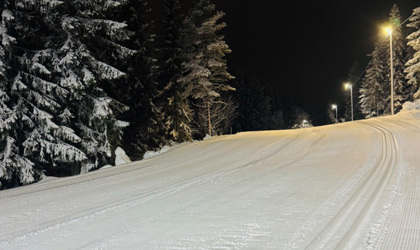 Nypreparerat upplyst längdskidspår i skogen en vinterkväll, med snötäckta granar längs spåret och gatlampor som lyser upp vägen.