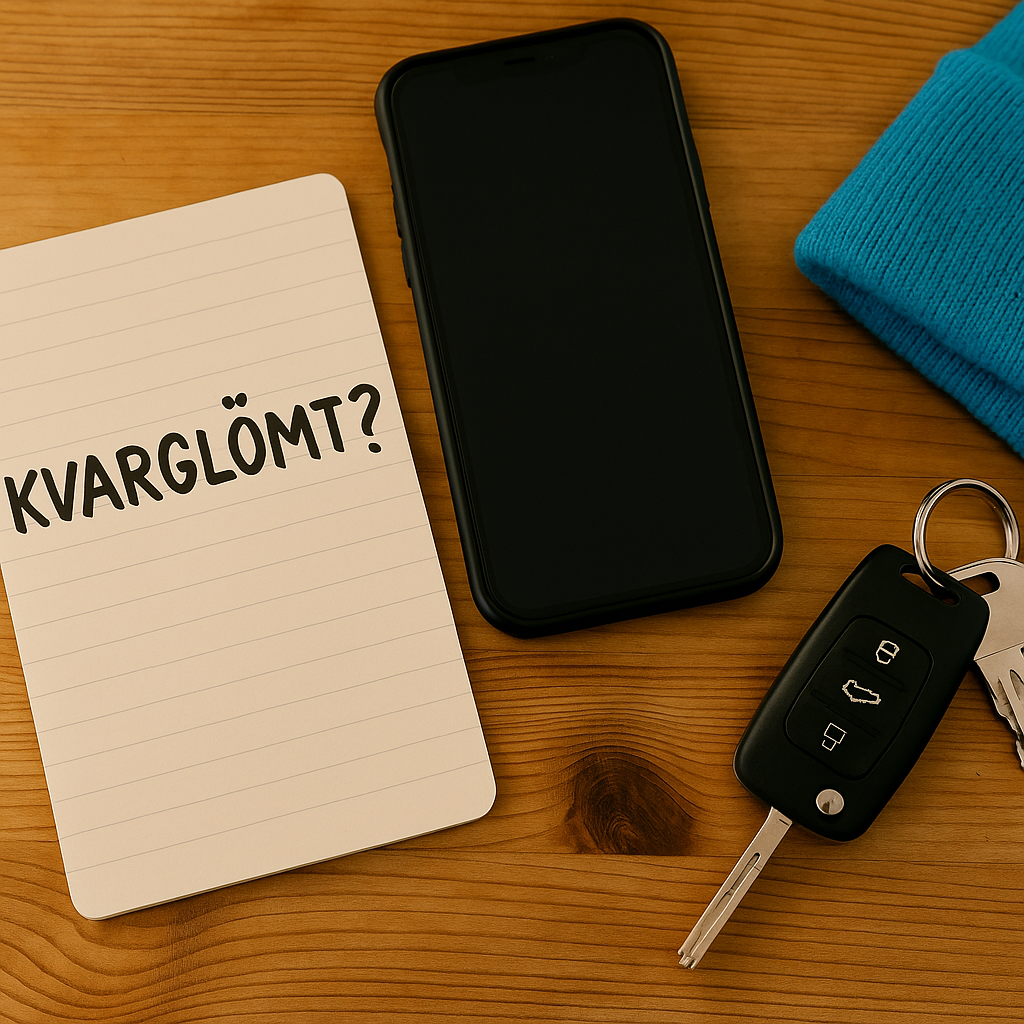 Lapp med texten ”KVARGLÖMT?”, en mobiltelefon, bilnycklar och en blå mössa ligger på ett träbord.