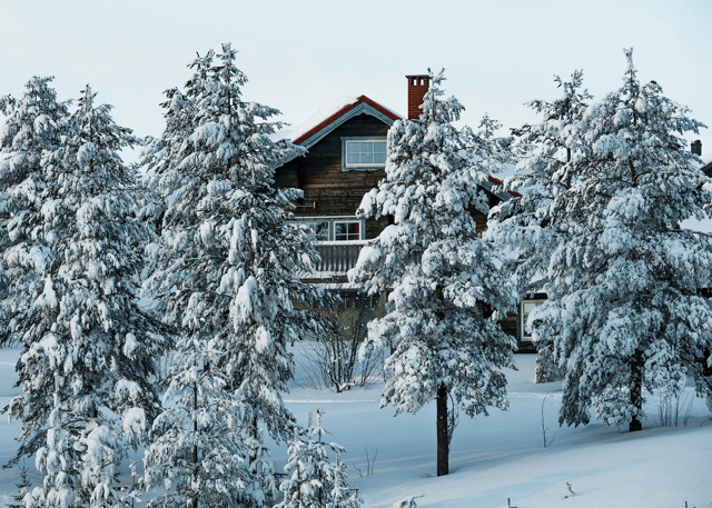 Trävilla i Orsa Grönklitt inbäddad bland snötäckta granar i ett stilla vinterlandskap.
