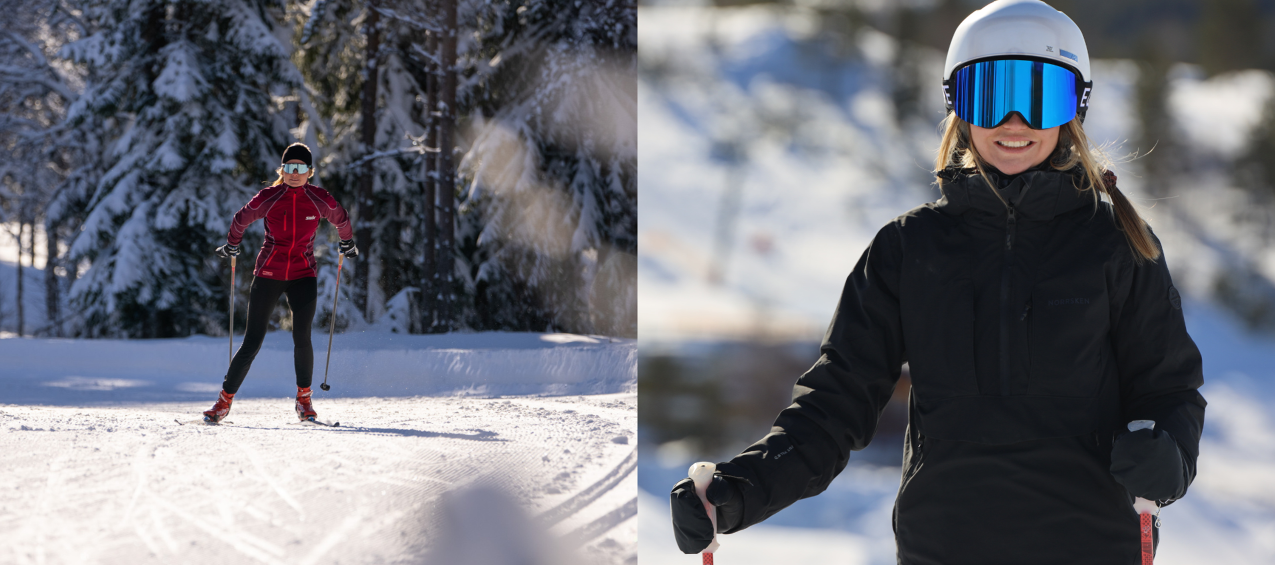 Person i röd jacka åker längdskidor i skogen, bredvid står en leende person i svart skidjacka med hjälm och skidglasögon.
