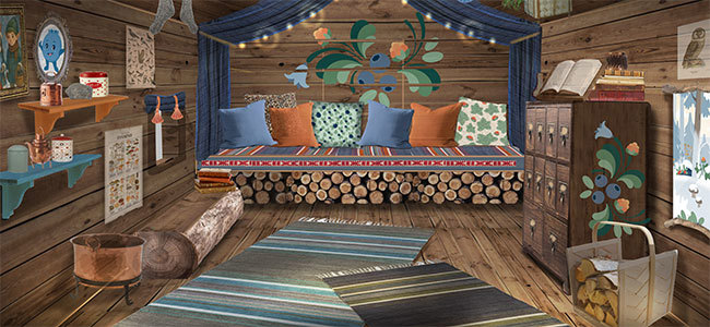 Illustration av ett mysigt rum i timmerstil med träväggar, säng med färgglada kuddar, mattor och målade blommor på väggarna.