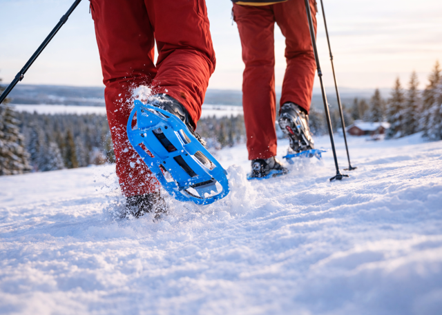 People walking with snowshoes and poles in a snow-covered landscape.