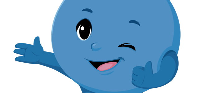 Illustration av Blåbäret Bärra som blinkar, ler och visar tummen upp med ena handen.