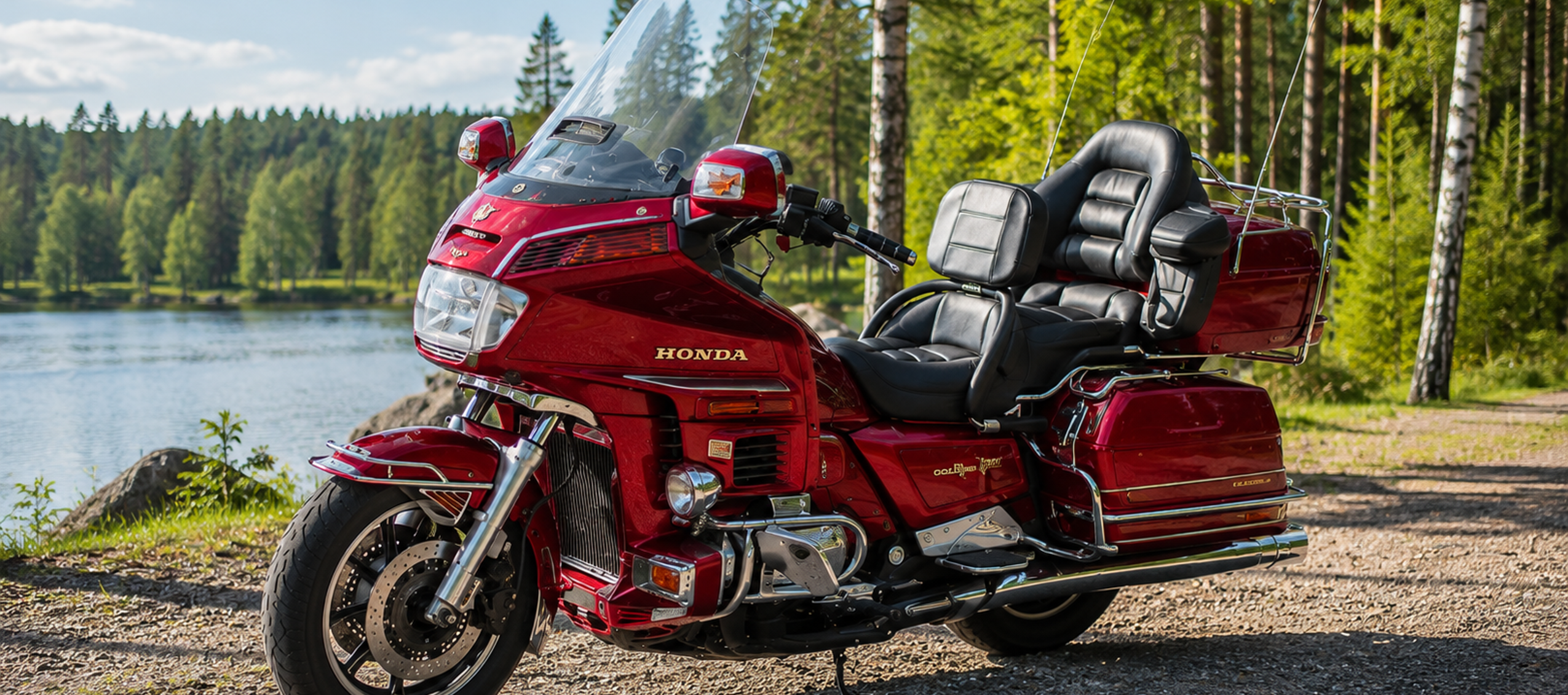 Röd touringmotorcykel parkerad vid en sjö med skog i bakgrunden.