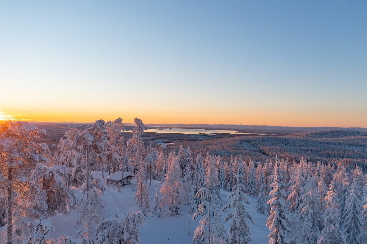 Soluppgång över ett vinterlandskap med snötäckta trädtoppar och utsikt över fjäll, skogar och sjöar i horisonten.