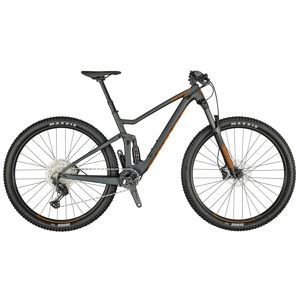 Mörkgrå heldämpad mountainbike med orangea detaljer och skivbromsar.