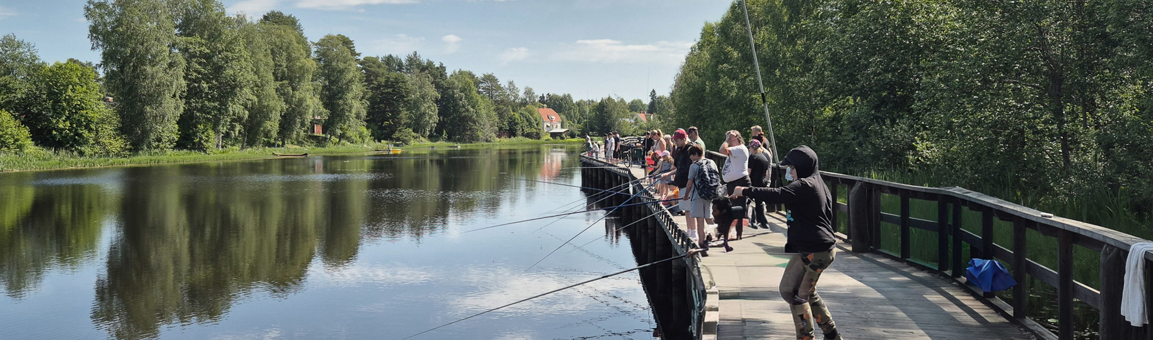 Personer fiskar från tillgänglig brygga längs lugn å i Orsa