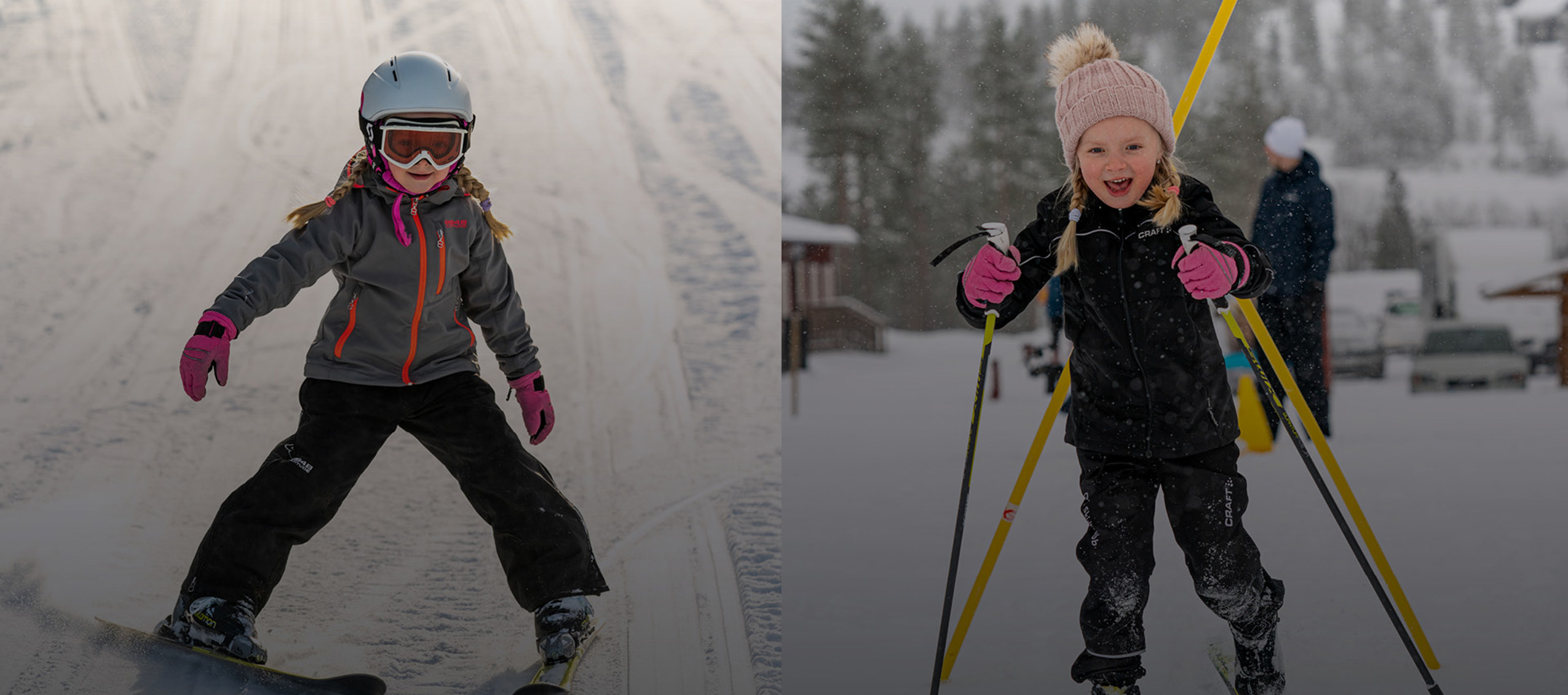 Två barn åker skidor i Orsa Grönklitt – det ena åker alpint i en snöig backe, det andra åker längdskidor med ett stort leende.
