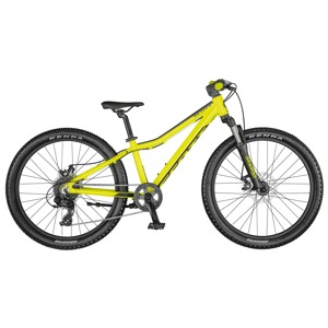Gul juniorcykel med växlar, skivbromsar och dämpad framgaffel.