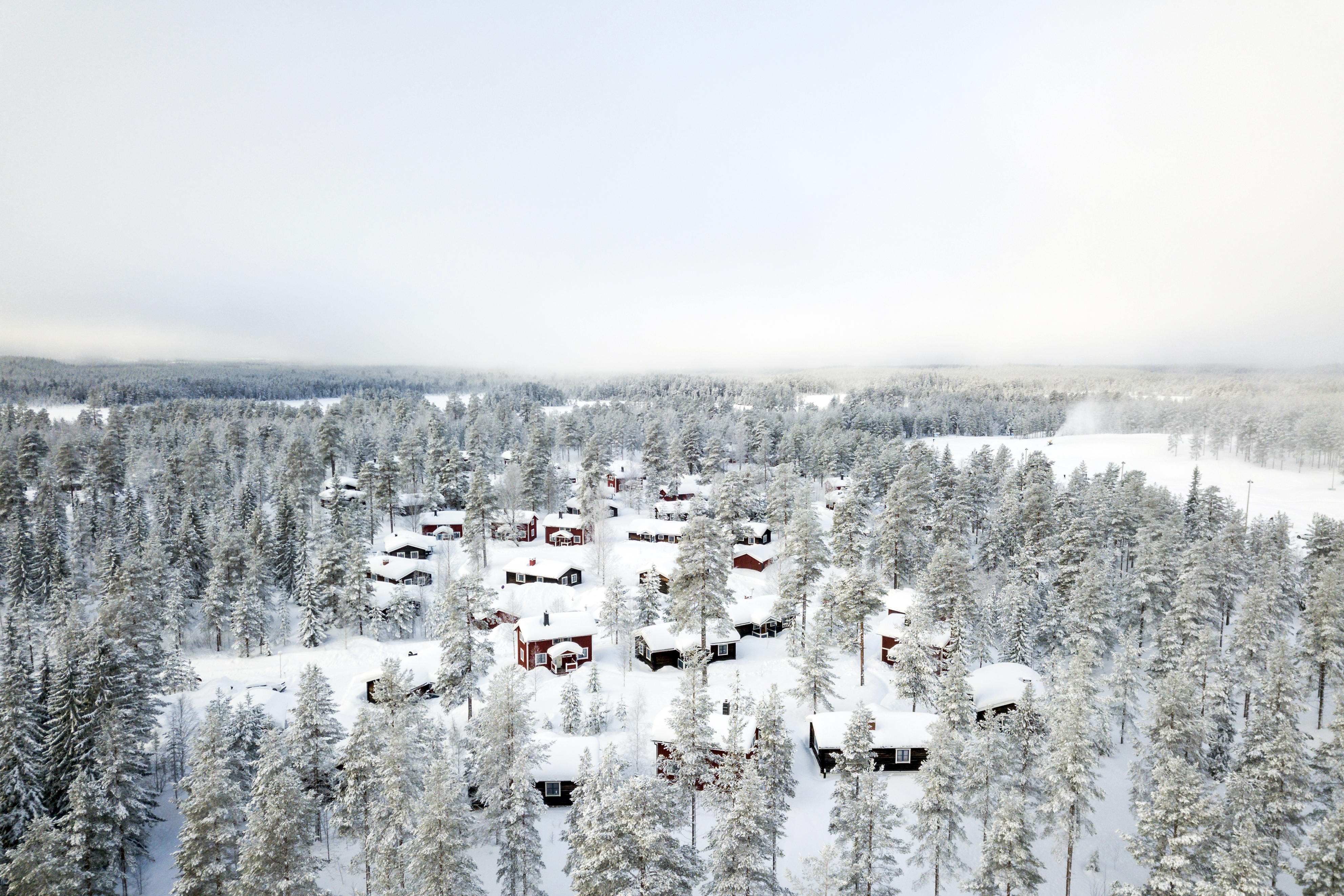 Luftfoto över ett snötäckt stugområde med röda stugor omgivna av tät skog.