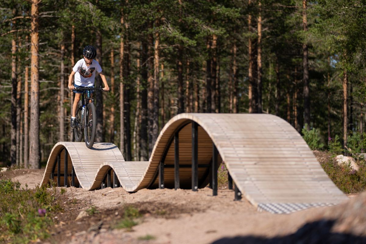 Child biking over a wavy wooden ramp in a mountain bike area surrounded by greenery and sunlit forest.