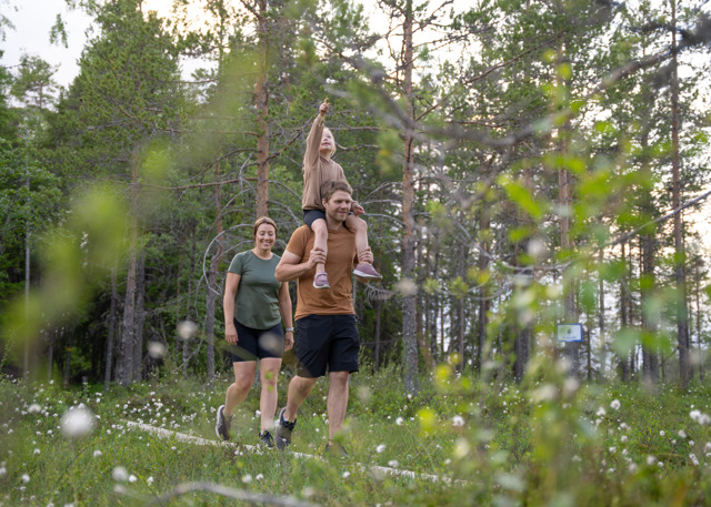 Barn på vuxens axlar pekar framåt under vandring i skog