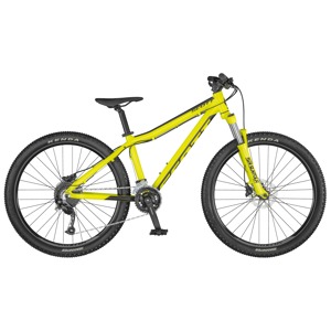 Gul juniorcykel med växlar, skivbromsar och dämpad framgaffel.